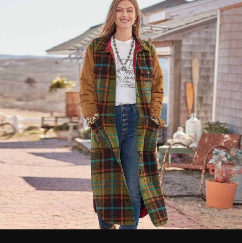Sundance Multicolor Hampshire Plaid Jacket with Brown Quilted Sleeves NWOT